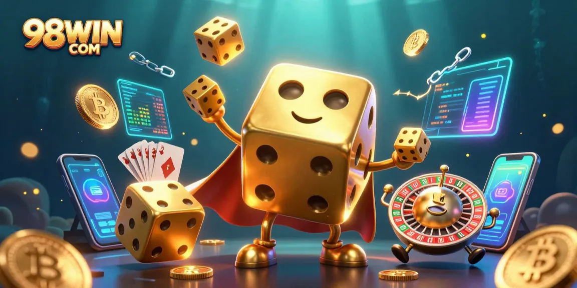 Experience high-stakes gaming with 98WIN COM as golden dice and crypto coins collide in this vibrant scene.