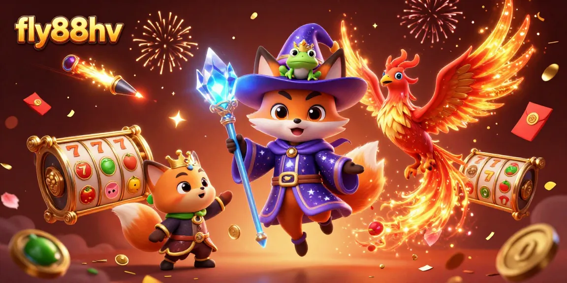 Engage in thrilling gaming action at fly88hv with vibrant slot reels and magical characters.