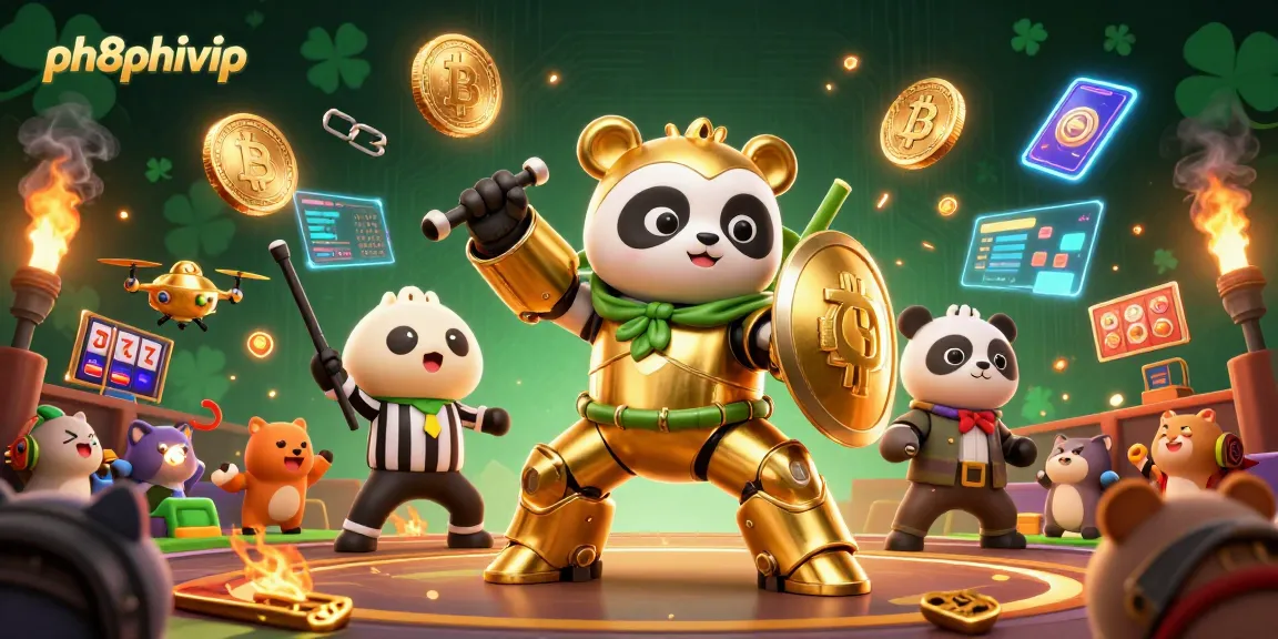 Experience thrilling fun at ph8phivip with a vibrant 3D scene of a golden panda and crypto casino elements.