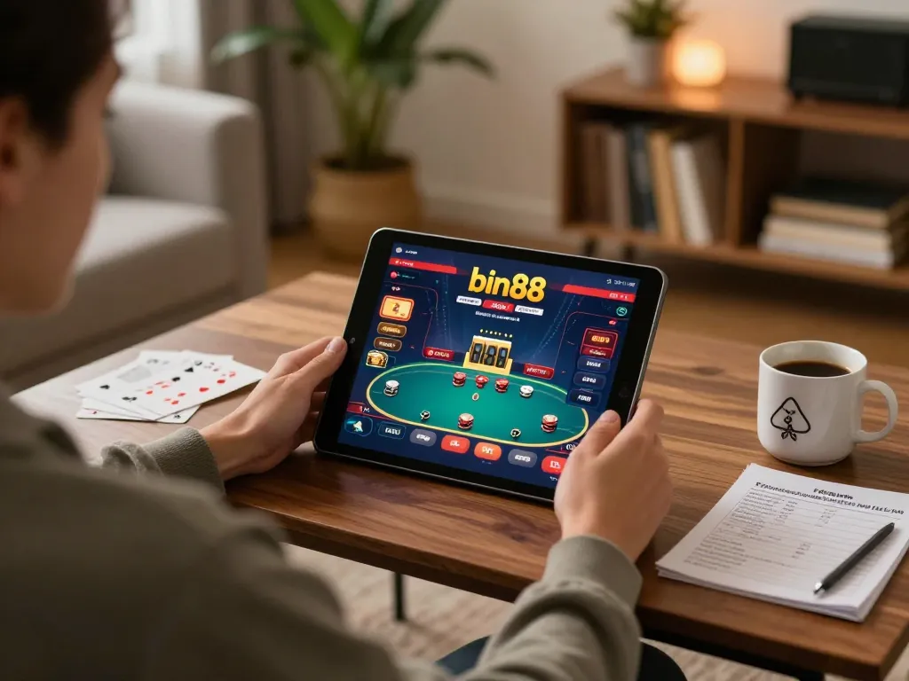 Engaging online gaming experience at bin88 casino on a tablet in a cozy living room.