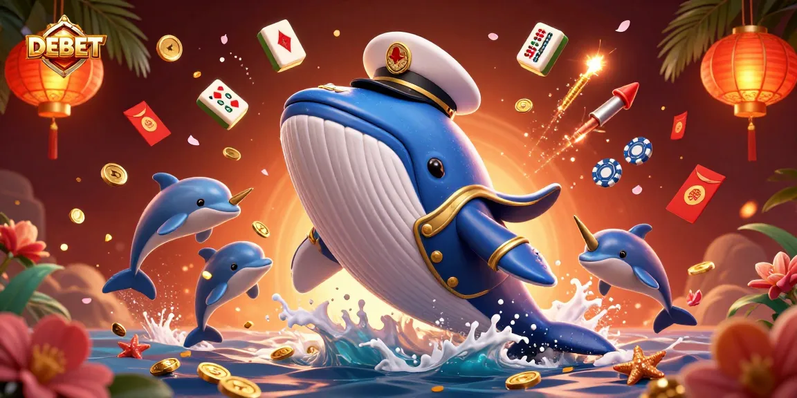 Experience excitement and strategy with DEBET as a whale captain, surrounded by vibrant casino elements.