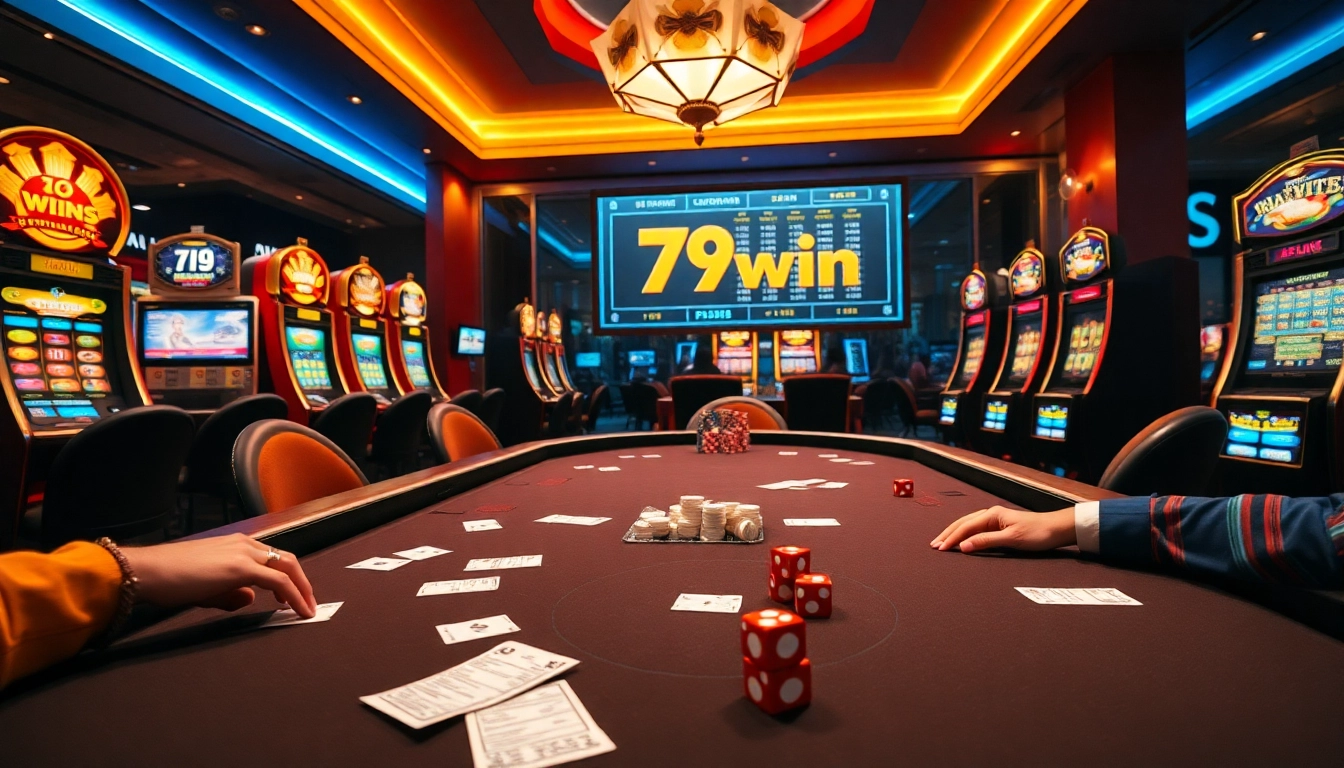 Players strategize at a luxurious poker table while enjoying 79win's vibrant online gambling environment.