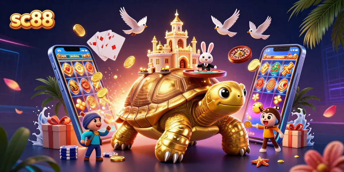 Win big with sc88 in this vibrant casino scene featuring a golden tortoise and a rabbit dealer.