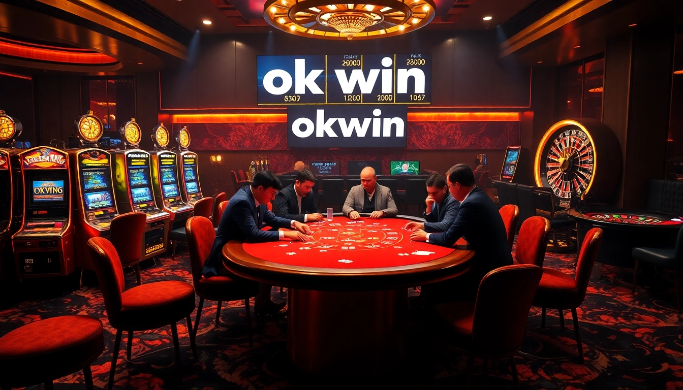 Experience thrilling casino action at the okwin poker table with professional players and vibrant slot machines.
