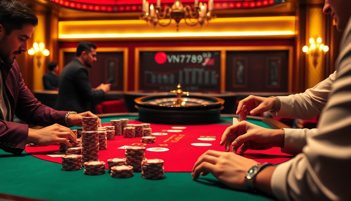 Experience thrilling gameplay at VN789’s upscale casino table with poker chips and cards.