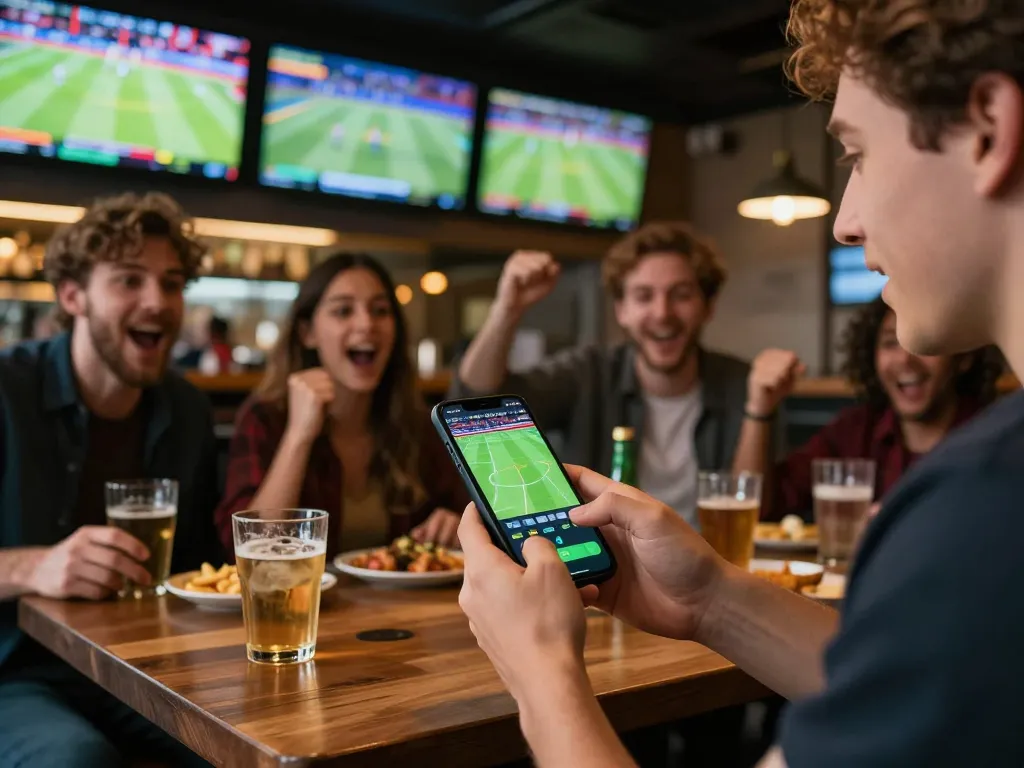 Engaged players strategizing their bets on 92slot mobile app in a vibrant sports bar setting.
