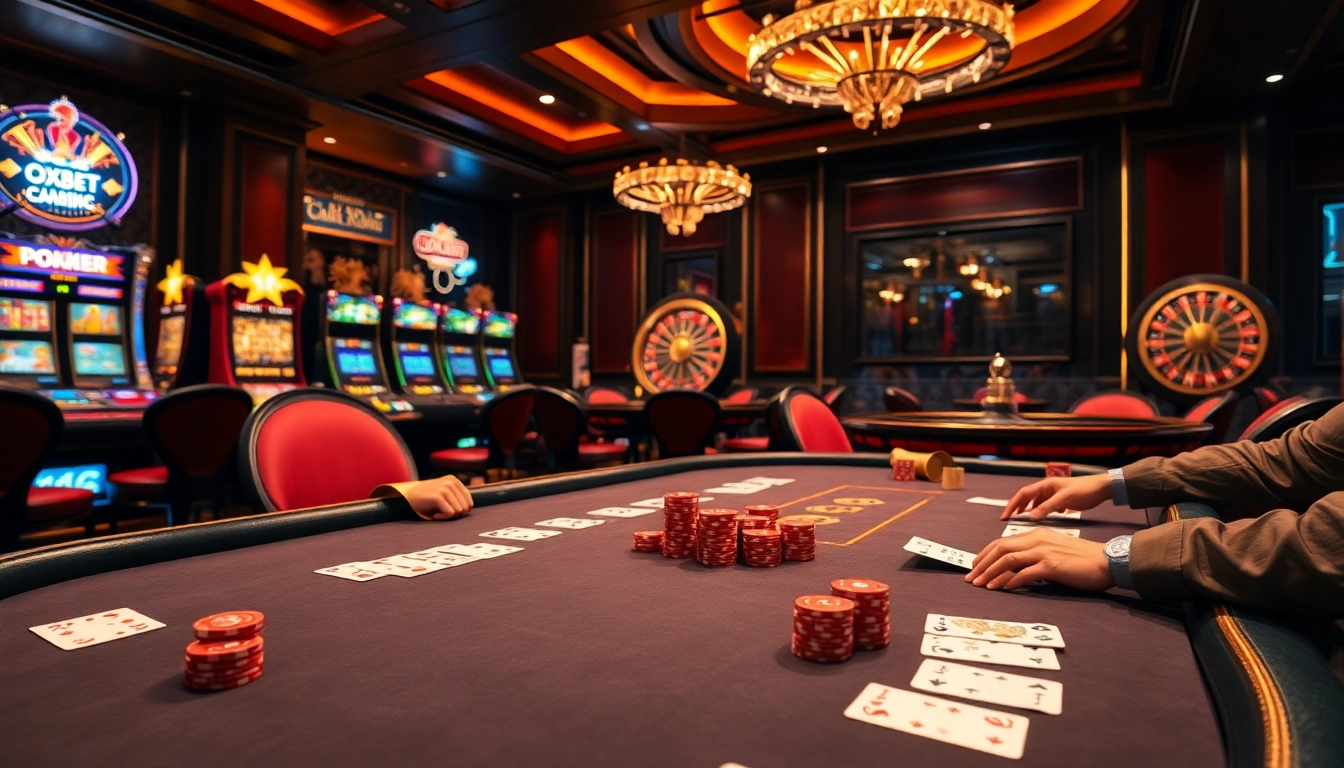 Engaged players at a luxurious poker table, highlighting the essence of gambling at https://oxbet6.vip/.