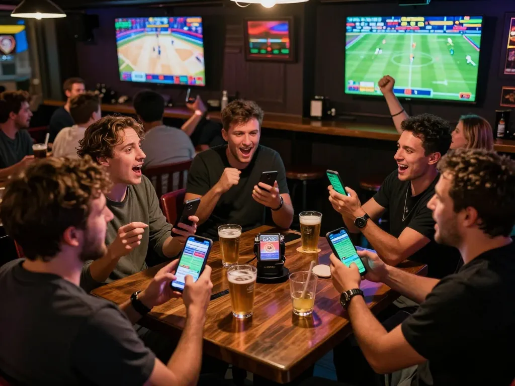 MM88 users actively engaging in sports betting with smartphones, surrounded by excitement.