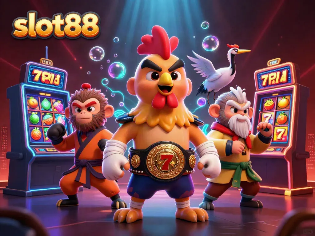 Experience the excitement of slot88 as a Muay Thai rooster and Shaolin monkey celebrate big wins in this vibrant casino scene.