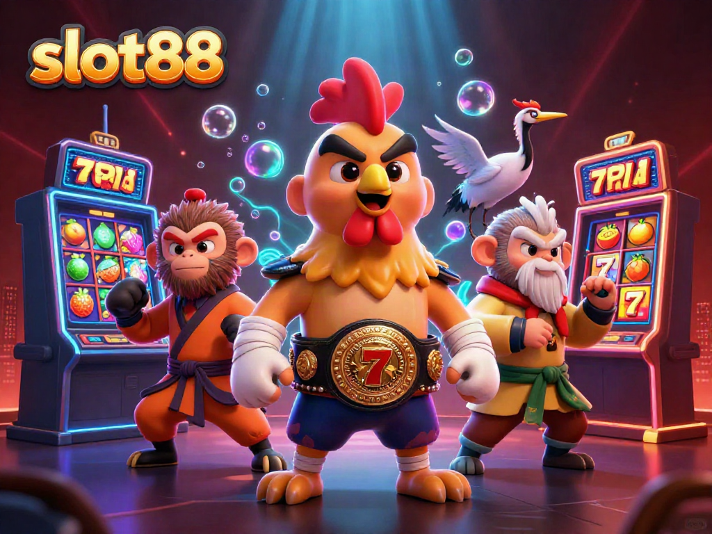 Experience the excitement of slot88 as a Muay Thai rooster and Shaolin monkey celebrate big wins in this vibrant casino scene.