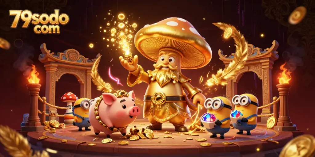 Experience the magic of 79sodo com with a whimsical 3D illustration featuring a golden wizard and treasure-hunting pig.