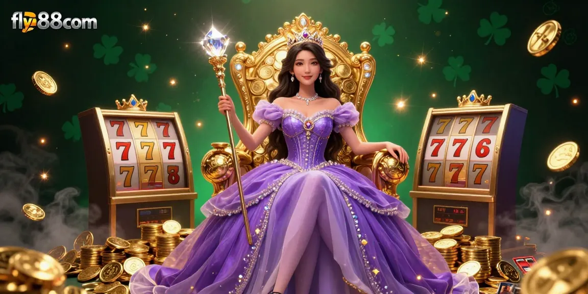 Experience the excitement of fly88com with vibrant slot reels and regal treasures in a dynamic casino illustration.