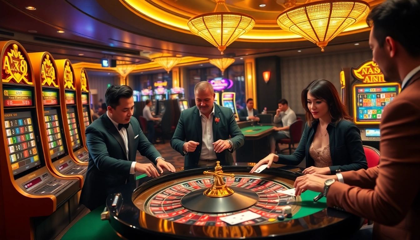Excited gamblers enjoying a luxurious casino experience at AX88 with roulette tables and slot machines.