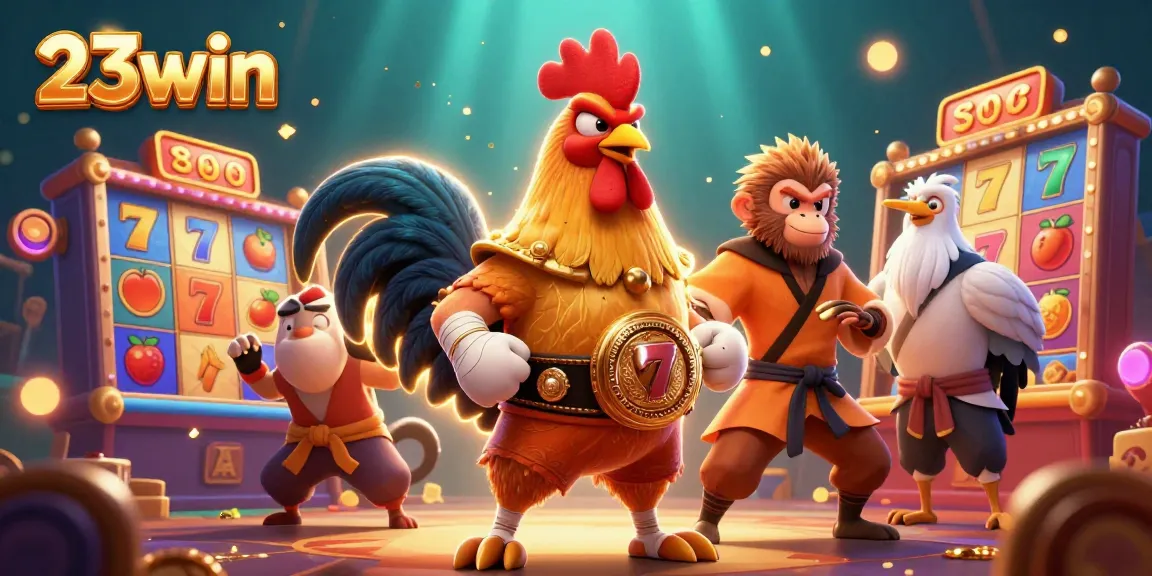 Experience thrilling gameplay with 23win featuring vibrant slot reels and cartoony characters in an energetic casino scene.