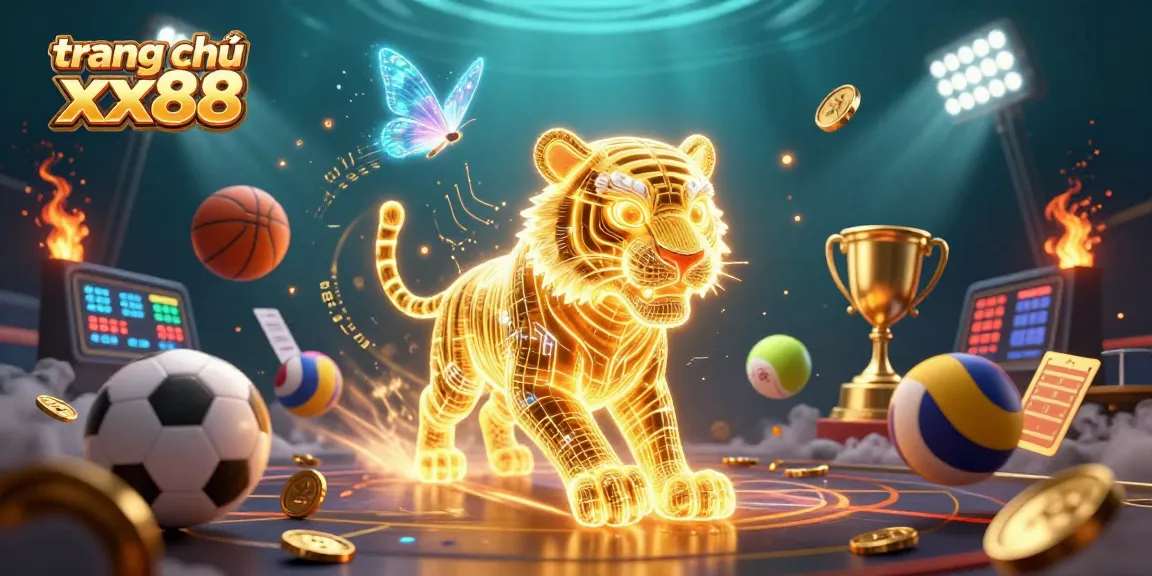 Engage with trends at trang chủ xx88, where a golden tiger roams a vibrant casino landscape amidst dynamic sports elements.