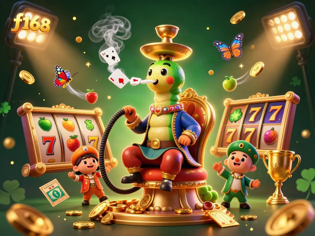 Win big with f168 in a lively slot game scene featuring vibrant characters and casino elements.