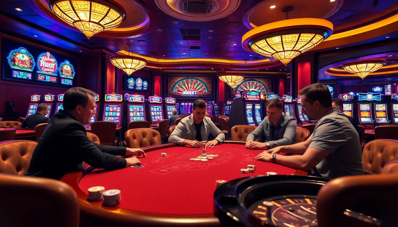 Engaged players at a luxurious 28bet poker table, showcasing excitement in a vibrant casino.