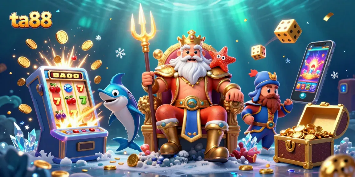 Experience the excitement of ta88 with Neptune and treasure-filled slot machines in a vibrant casino scene.