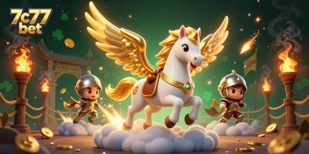 The 7c77 bet illustration showcases an enchanting scene with a celestial horse and knight amidst a vibrant gambling atmosphere.