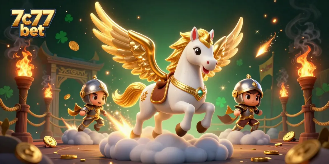 The 7c77 bet illustration showcases an enchanting scene with a celestial horse and knight amidst a vibrant gambling atmosphere.
