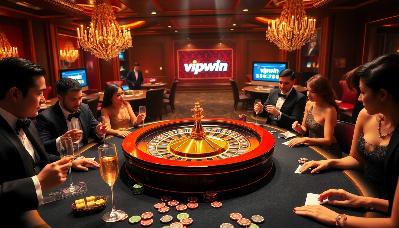 Experience the thrill of winning at vipwin's luxurious casino tables with roulette, poker, and vibrant decorations.