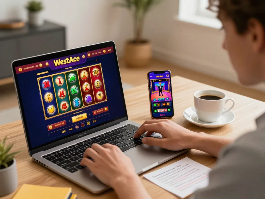 Player engaging with online slots on WestAce, showcasing the user-friendly gaming interface and strategic notes.