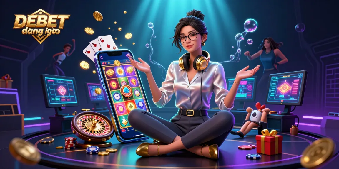 Experience DEBET đăng nhập with a vibrant 3D illustration showcasing a professional gamer in a casino digital setup.