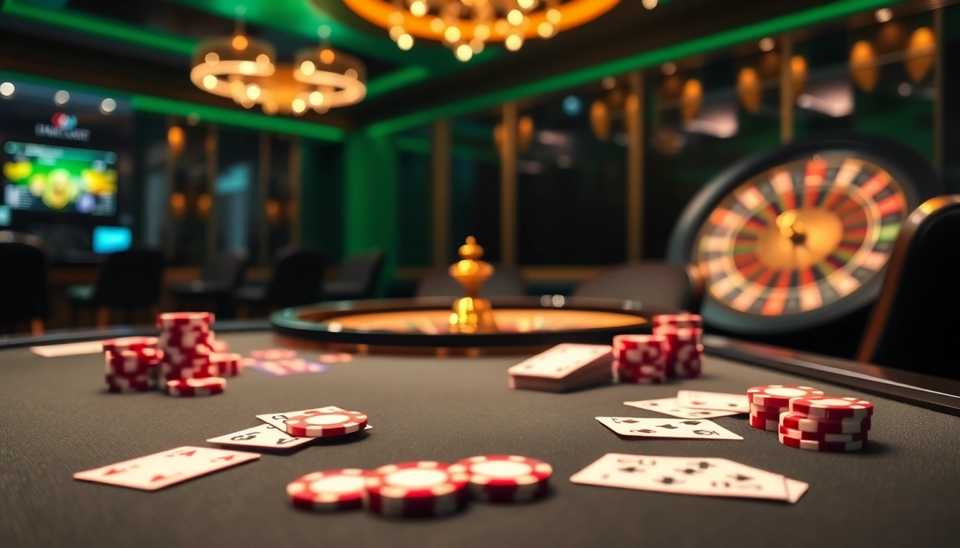 Engaging casino scene with poker table and interactive elements showcasing https://kuwincom.net/ betting excitement.