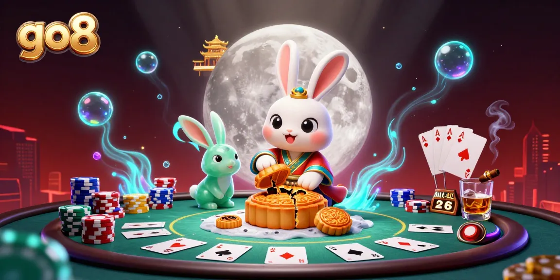 Engage with go8's vibrant casino scene featuring a moon rabbit crushing mooncakes with poker chips emerging.