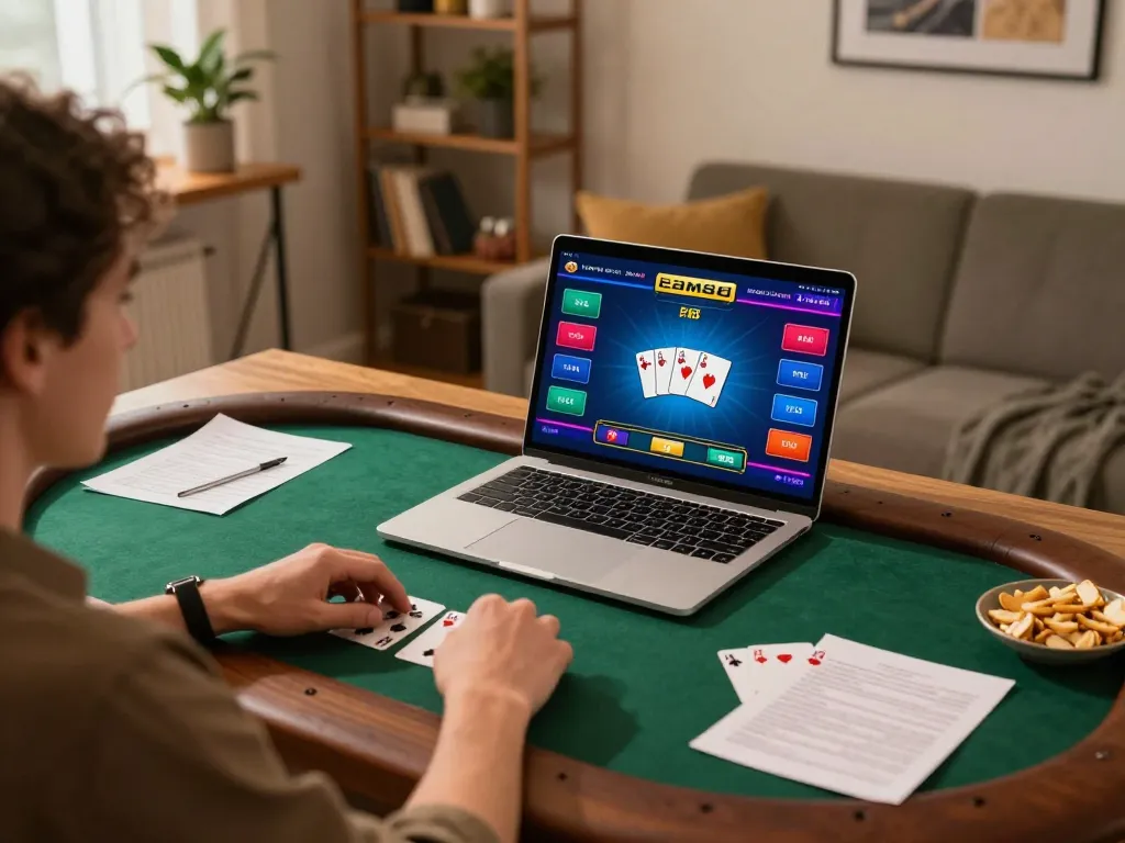 Player engaging in sam86 poker game from home setup, laptop showing game interface with strategy notes nearby.