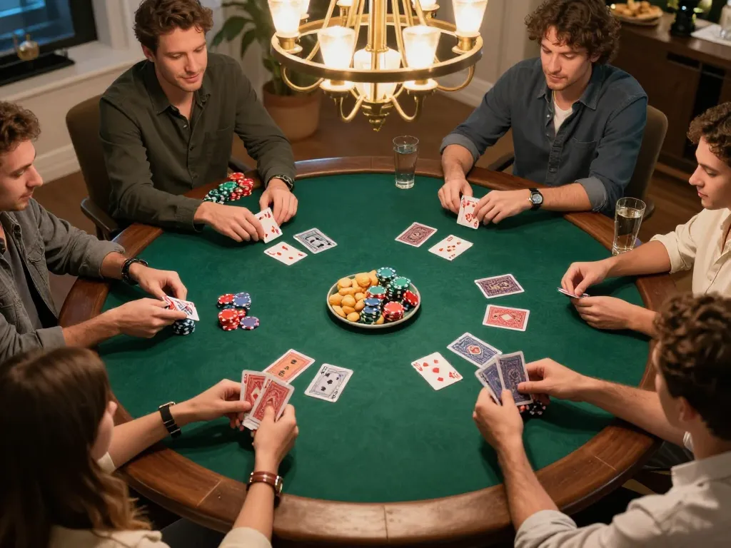 TOP88 player's exciting poker game in a warm, social home atmosphere with friends gathering.