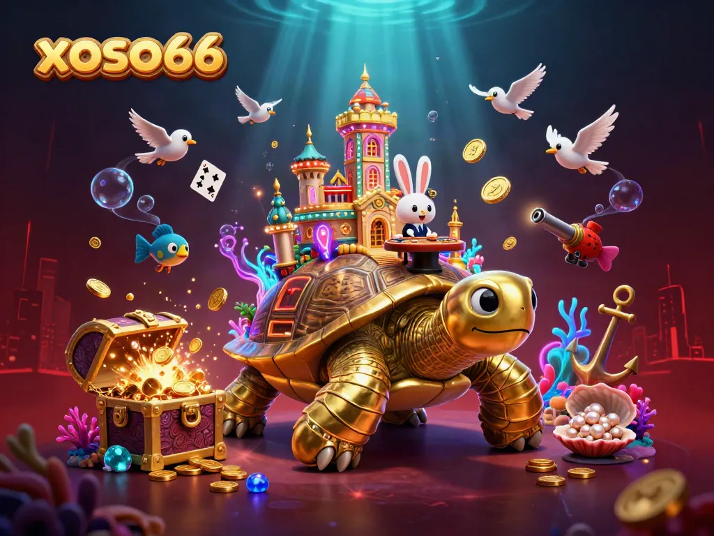 Engage with the vibrant xoso66 3D casino scene featuring lively characters and rich gold elements.