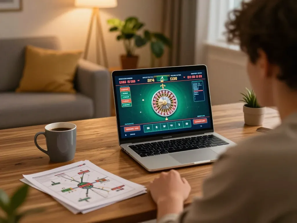 Bl555 player experiencing online roulette in a cozy home setting with strategy notes.