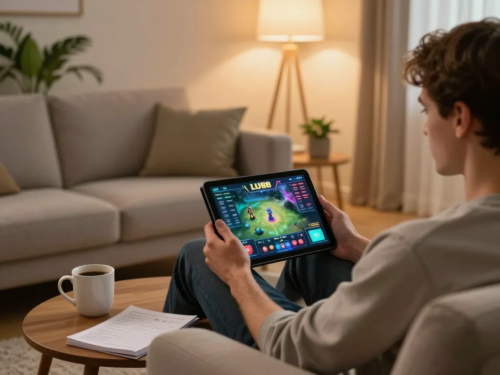 Player enjoying a thrilling game at LU88 on a tablet in a cozy home setting, showcasing strategic gameplay.