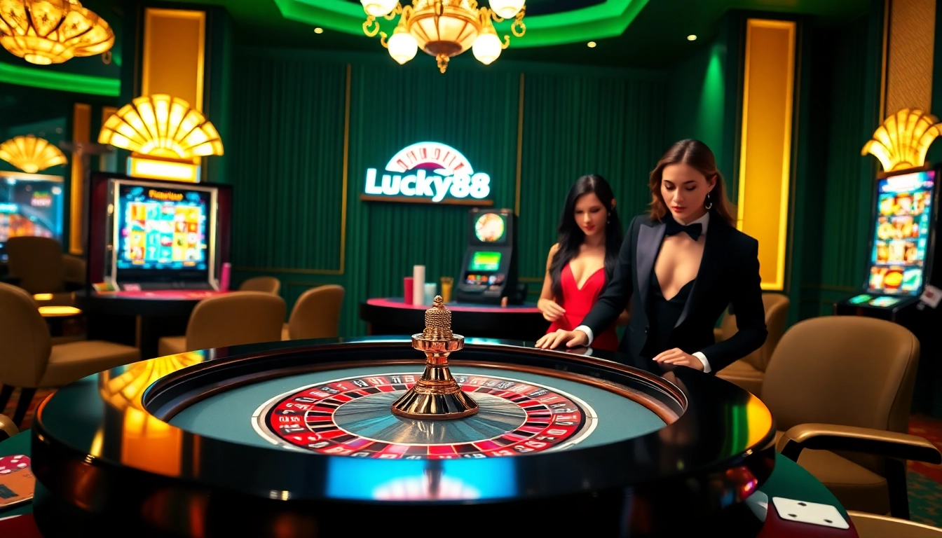 Engaging players at Lucky88 casino enjoying vibrant roulette and slot machines.