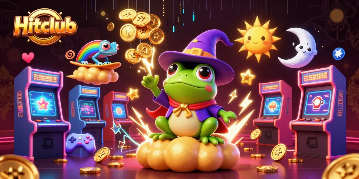 Experience Hitclub's vibrant casino world with golden coins, dynamic gaming elements, and colorful characters.