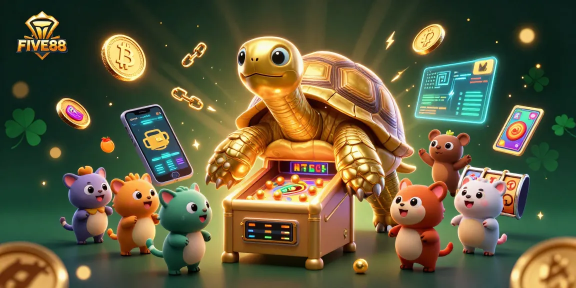 Engage with FIVE88's thrilling games amidst sparkling crypto elements in a captivating casino atmosphere.