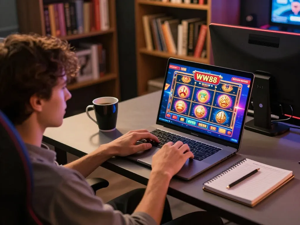 Player engaging in WW88 online casino games on a modern laptop with a cozy atmosphere, focusing on responsible gaming.
