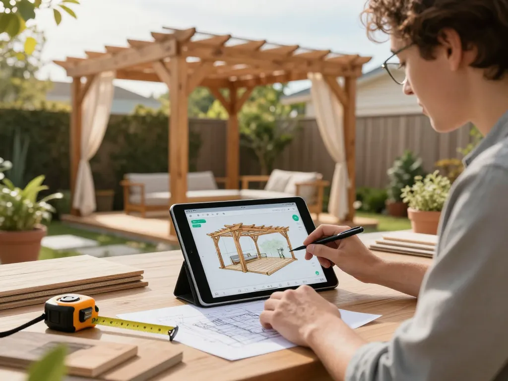 Pergola Sales Software interface shown on tablet with designer creating custom pergola in outdoor setting