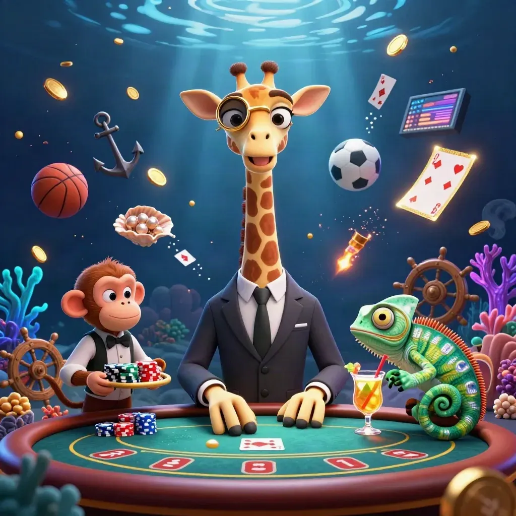 Cartoon giraffe, monkey, and chameleon in an underwater casino with coins, coral, and sports balls.