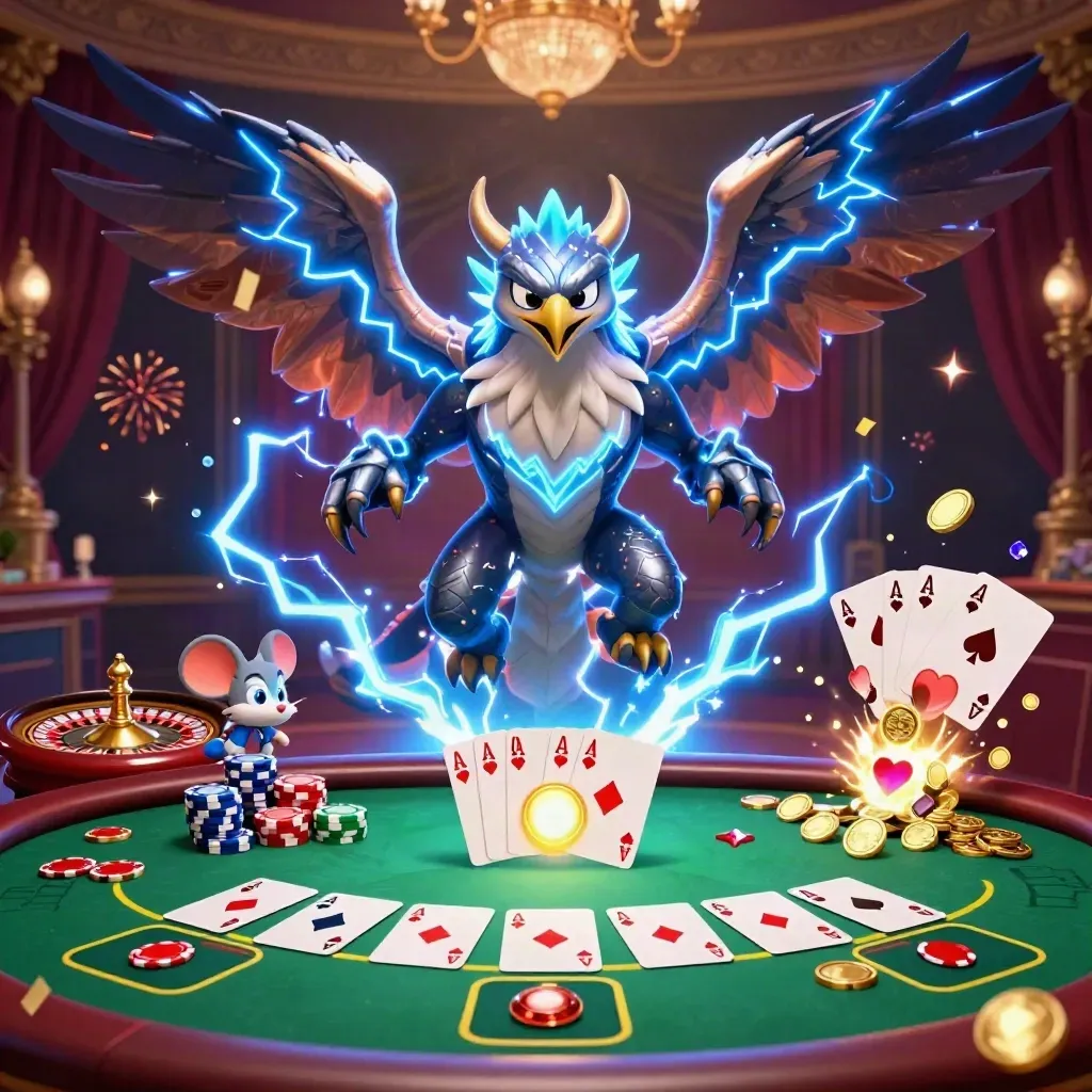 Thunder dragon, wind hawk, and thunder-mouse in a luxe casino room with cards, chips, and lightning.