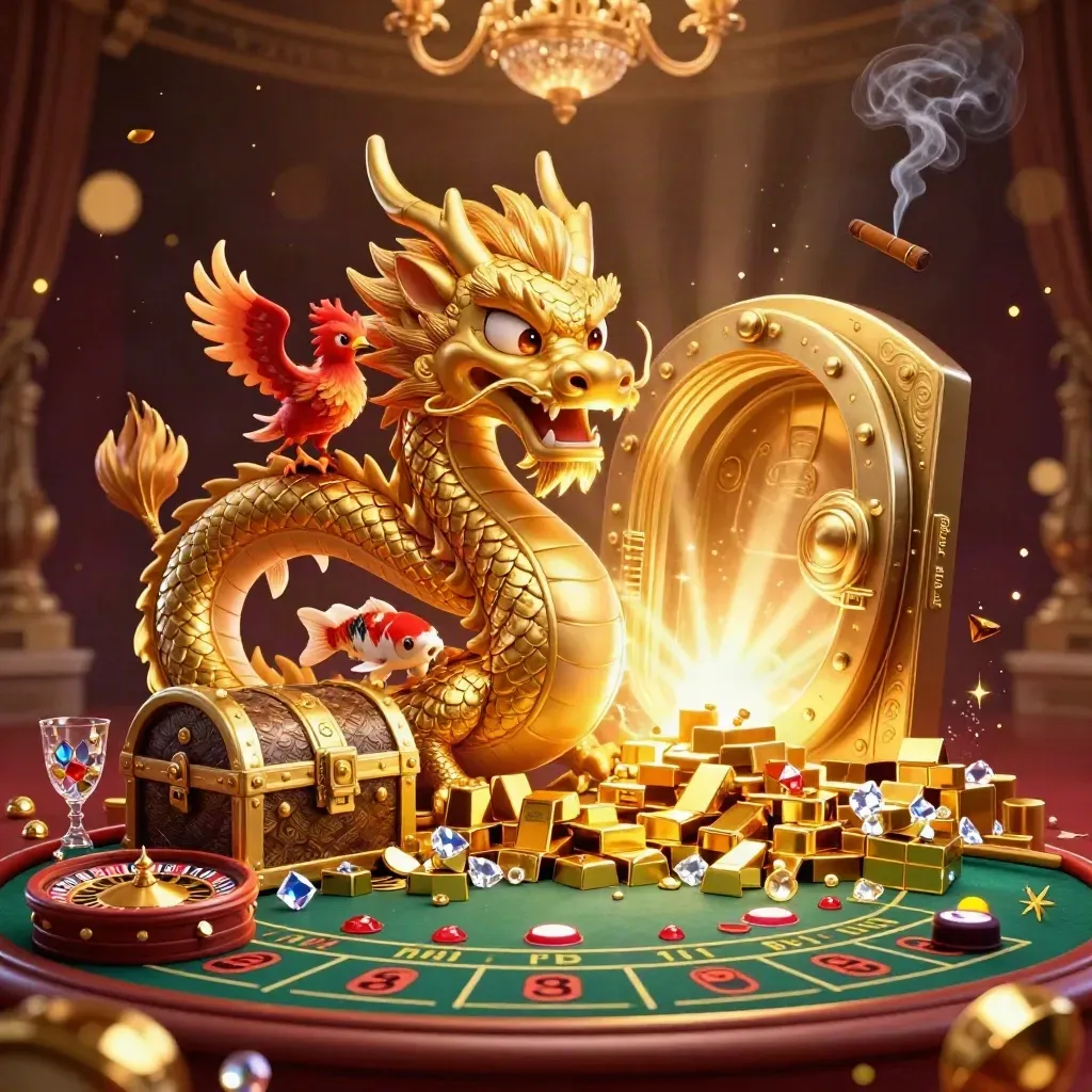 Golden dragon, phoenix and koi in a luxe casino vault scene with gems, bars and chandelier glow.