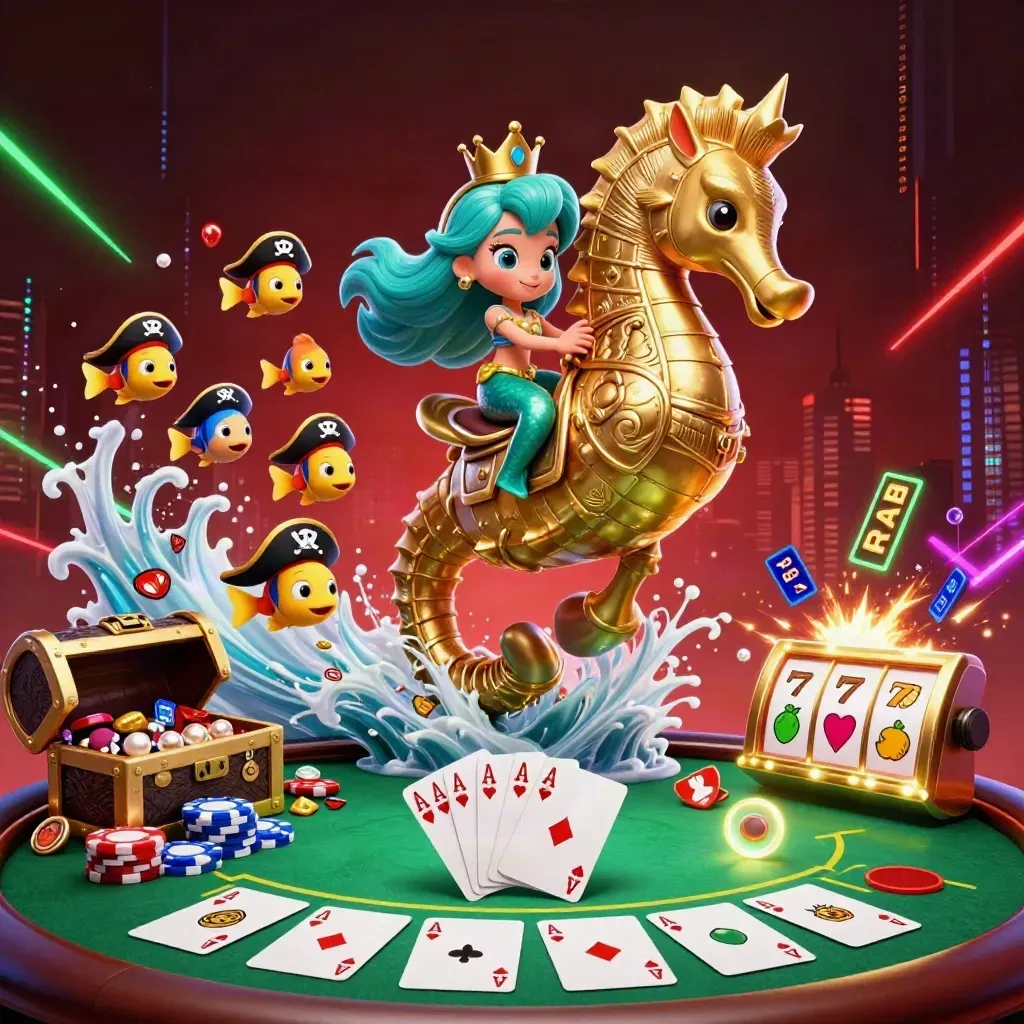 Mermaid princess on armored seahorse amid chips, cards, treasure, and neon casino energy.