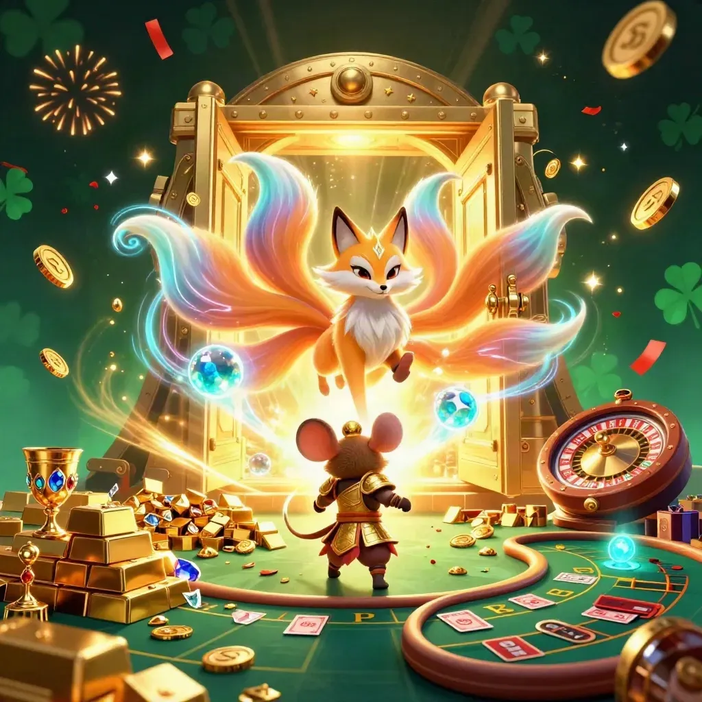 Fox spirit and gold-armoured mouse burst from a vault amid coins, roulette, cards, and fireworks.