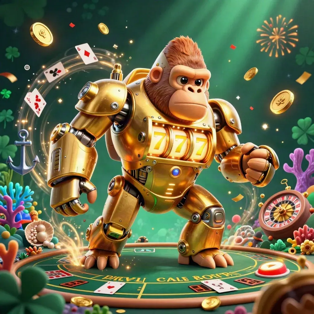 Golden gorilla slot-mech bursting through a treasure cove with coins, cards, and fireworks.