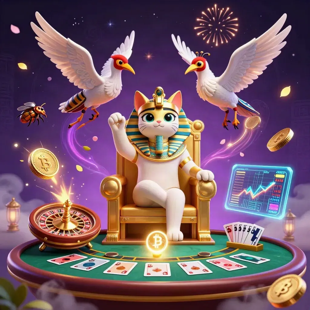Pharaoh cat, ibis scribe, and scarabs amid casino coins, neon tech, and fireworks.