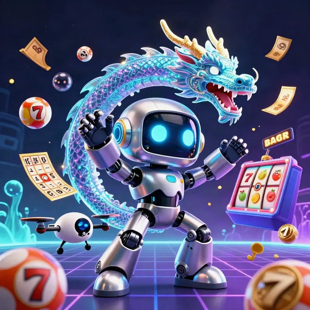 Chrome robot, hologram dragon, and coin drone amid casino symbols and neon light.