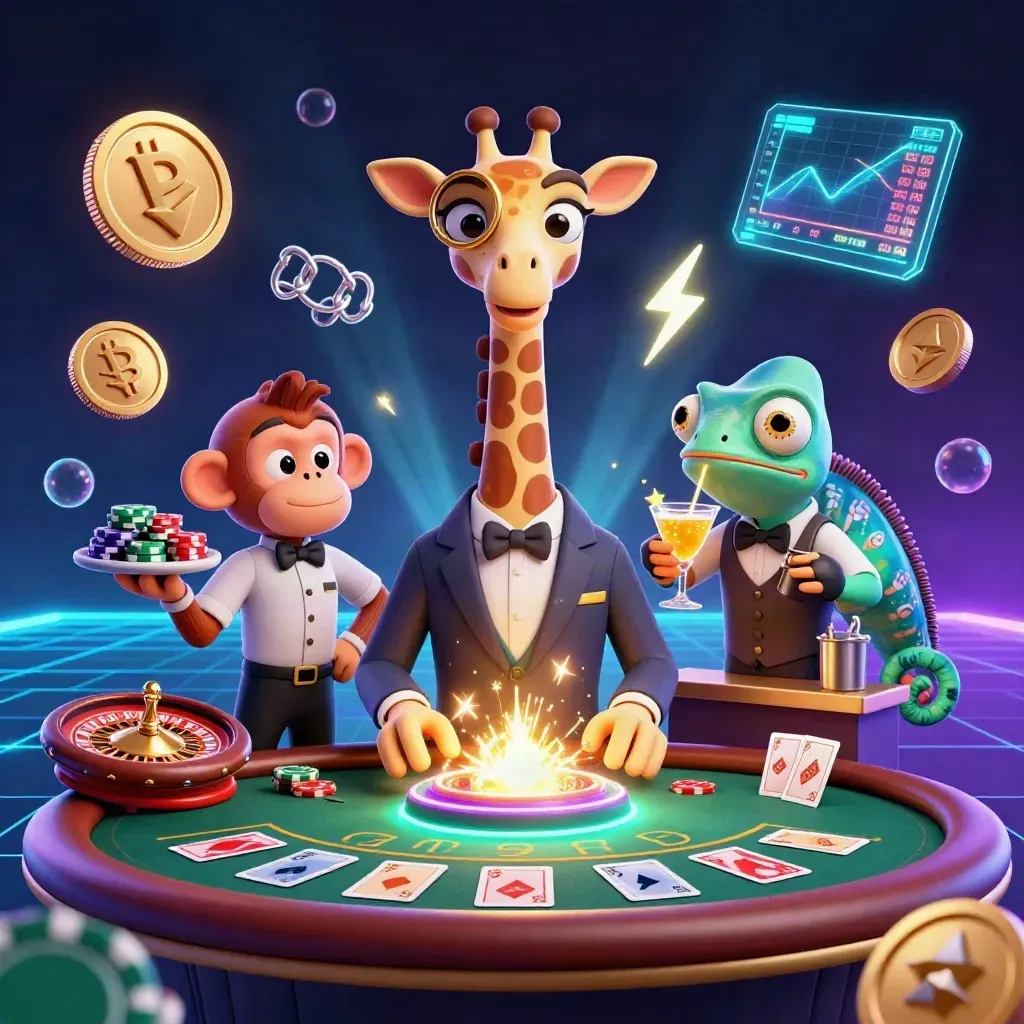 Giraffe, monkey, and chameleon in a neon casino vignette with poker chips and glowing coins