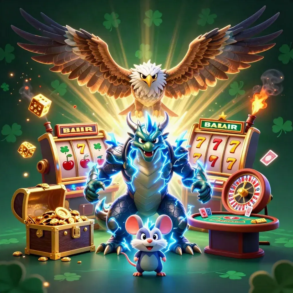 Electric casino heroes with slots, dice, treasure, and neon effects on a dark emerald background