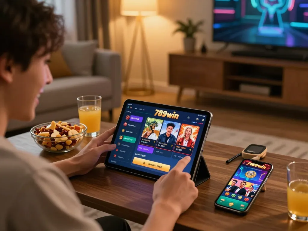 Engaged player experiencing the 789win app for online casino gaming in a stylish living room.